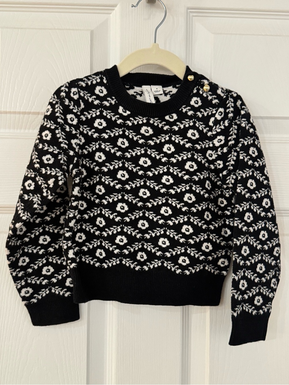 Girl’s Black & White Patterned Sweater with Shoulder Buttons